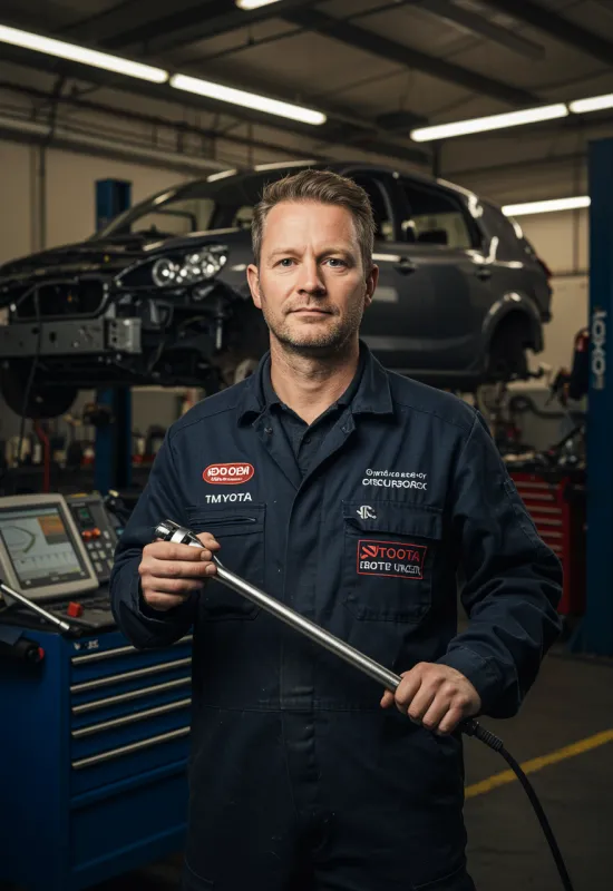 img nosotros 3 "Retrato fotorealista de un técnico automotriz de 40 años con uniforme azul, sosteniendo una llave de torque en un taller moderno, simbolizando experiencia en restauración de vehículos."