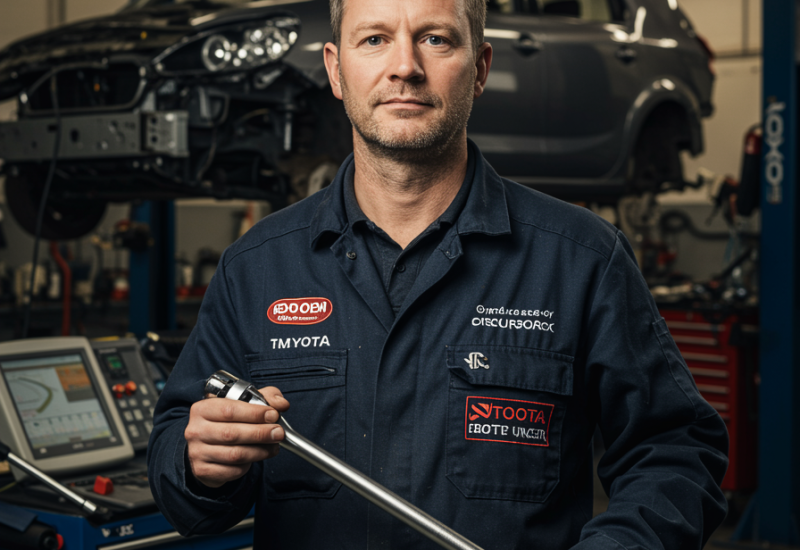 img nosotros 3 "Retrato fotorealista de un técnico automotriz de 40 años con uniforme azul, sosteniendo una llave de torque en un taller moderno, simbolizando experiencia en restauración de vehículos."