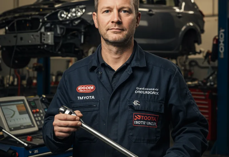 img nosotros 3 "Retrato fotorealista de un técnico automotriz de 40 años con uniforme azul, sosteniendo una llave de torque en un taller moderno, simbolizando experiencia en restauración de vehículos."