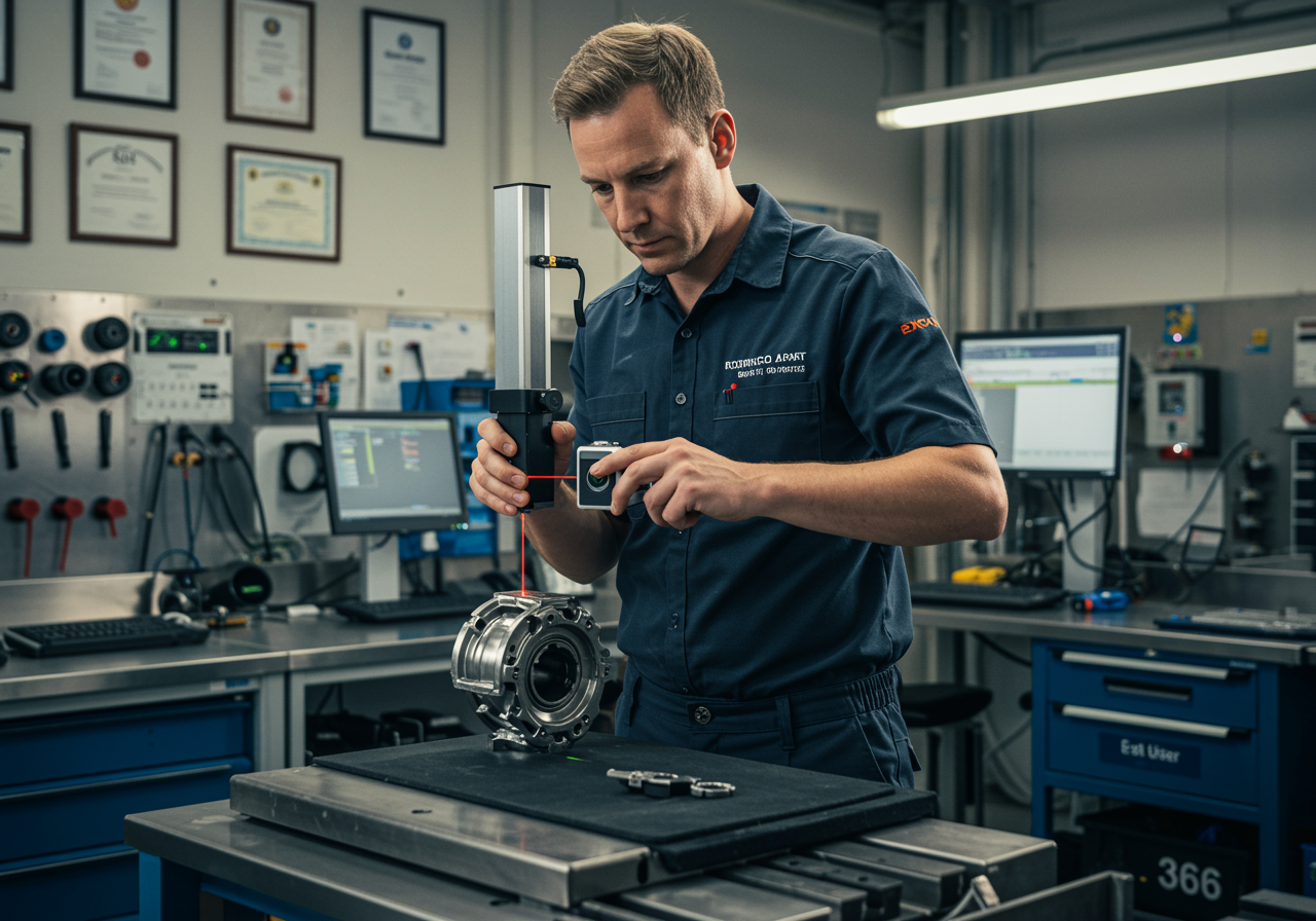 img seccion diferencia "Ilustración digital que destaca a Rodrigo Parra, especialista en precisión automotriz, utilizando una herramienta láser en un taller moderno con certificados de calidad."