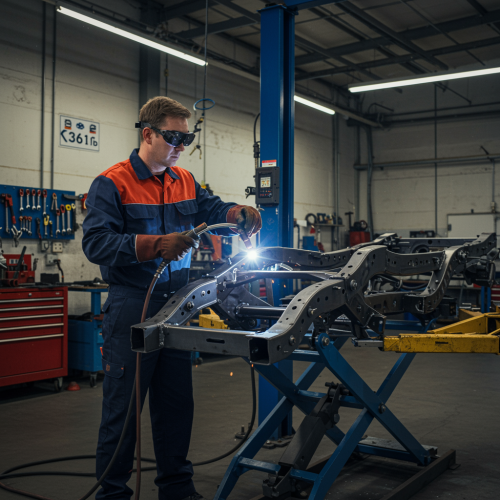 img seccion serviciosRecurso 9 100 "Mecánico blanco restaurando un chasis de vehículo en un elevador pesado, con uniforme de marca y antorchas de soldadura en un taller ordenado."