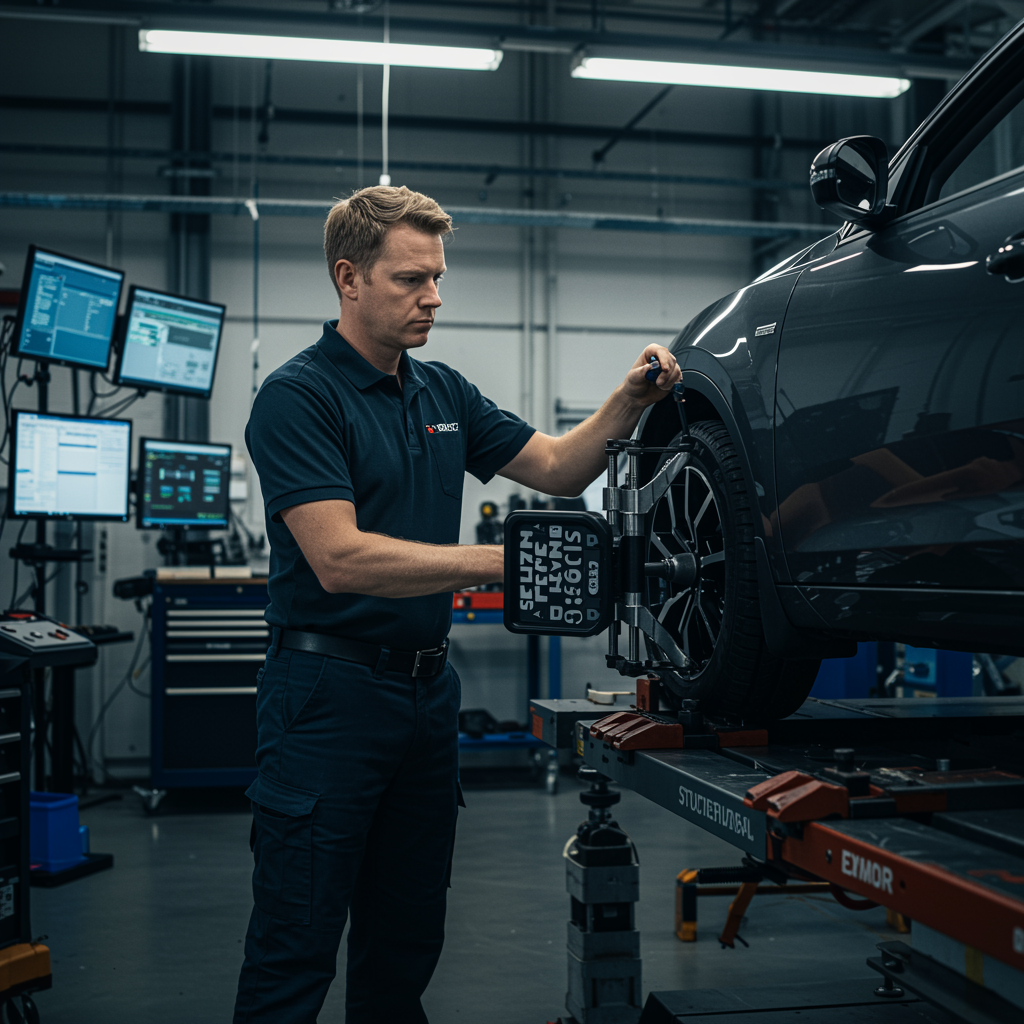 proyecto 2 "Técnico masculino ajustando la alineación estructural de un chasis de automóvil con un sistema láser de alta precisión en un taller automotriz."