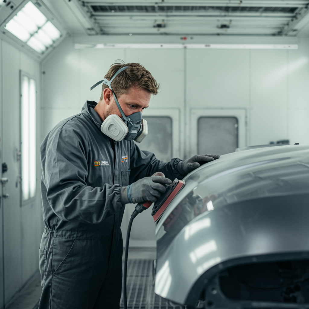 proyecto 3 "Técnico hombre blanco en cabina de pintura, lijando meticulosamente la carrocería de un vehículo para restauración, con equipo de protección y logo de empresa visible."