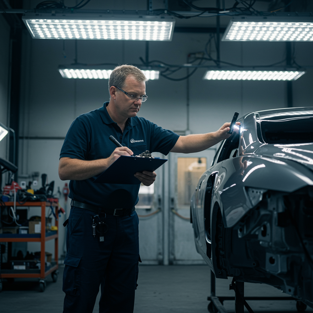 proyecto 4 "Inspector de calidad masculino revisando un auto bajo luces LED en un taller limpio y profesional."