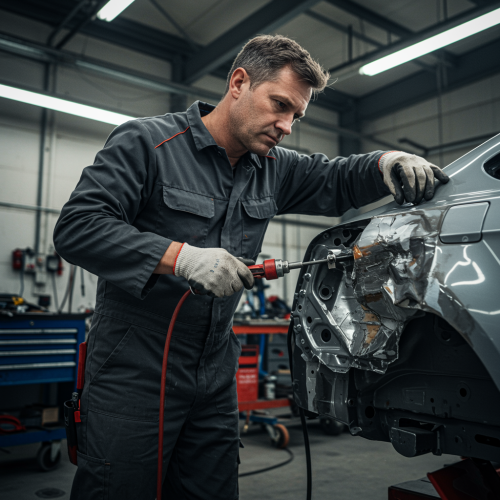 servicio edificacion 2 "Mecánico profesional reparando un panel de carrocería dañado en un taller automotriz, destacando su destreza en restauración de daños con herramientas especializadas."